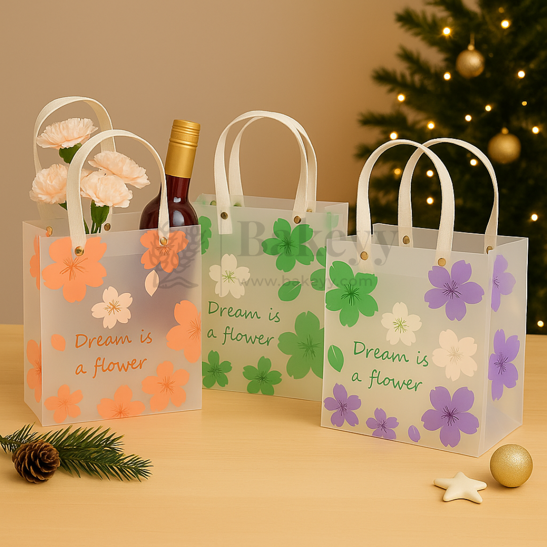 Dream Flower Frosted Transparent Gift Bags With Handle | Pack of 10