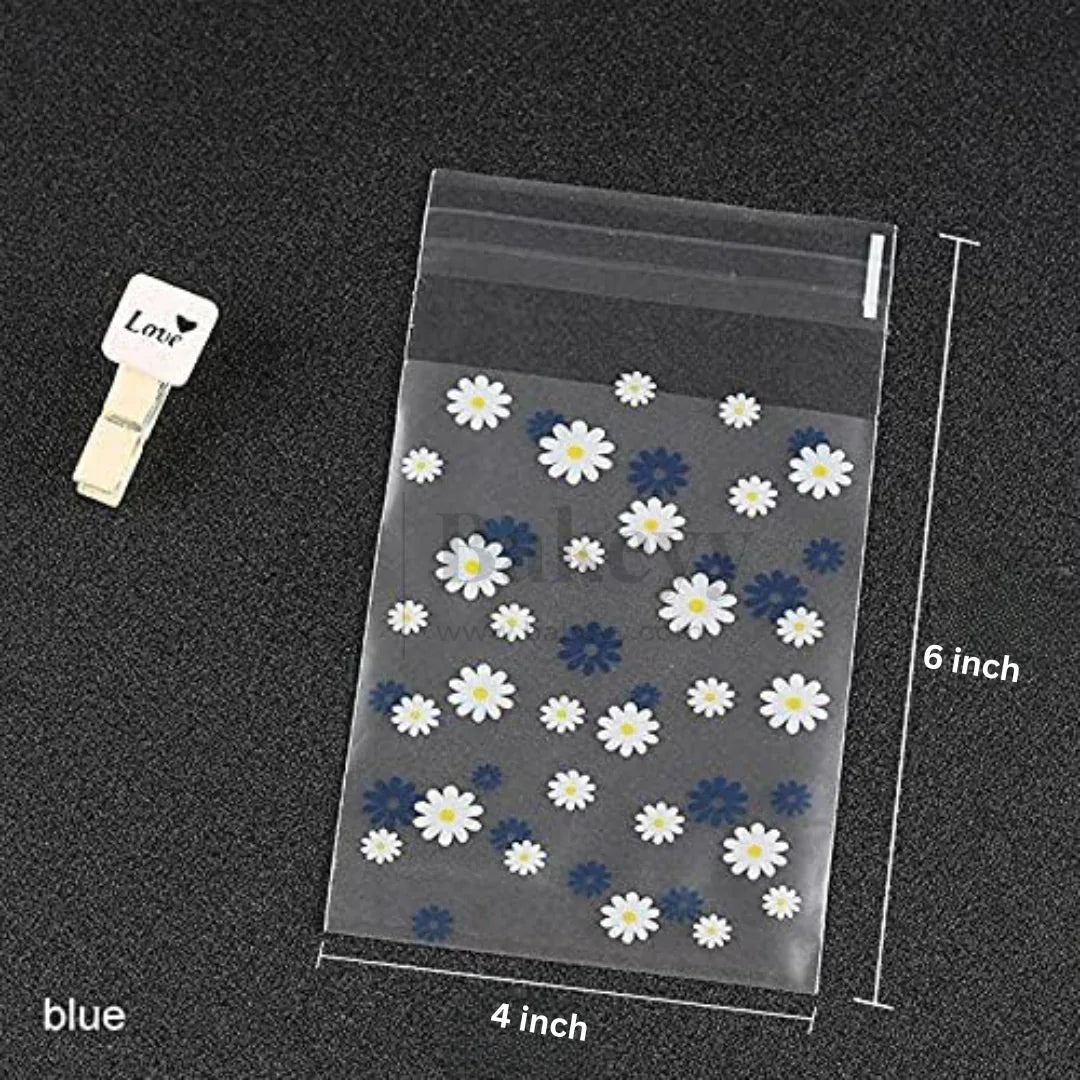 Daisy Flower Cellophane Bags | Blue and White | Clear Plastic Self Sealing Envelope Crystal Bag | Pack of 100 - Bakeyy.com - India - Daisy Flower Cellophane Bags | Blue and White | Clear Plastic Self Sealing Envelope Crystal Bag | Pack of 100 - 4x6