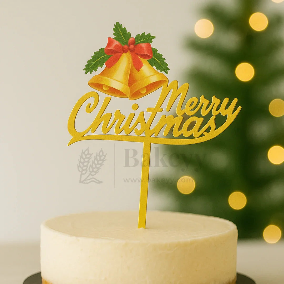 Merry Christmas with Golden Bells Cake Topper | Golden Color | Christmas Decor | Pack of 5 - Bakeyy.com - India - Merry Christmas with Golden Bells Cake Topper | Golden Color | Christmas Decor | Pack of 5 - Default Title