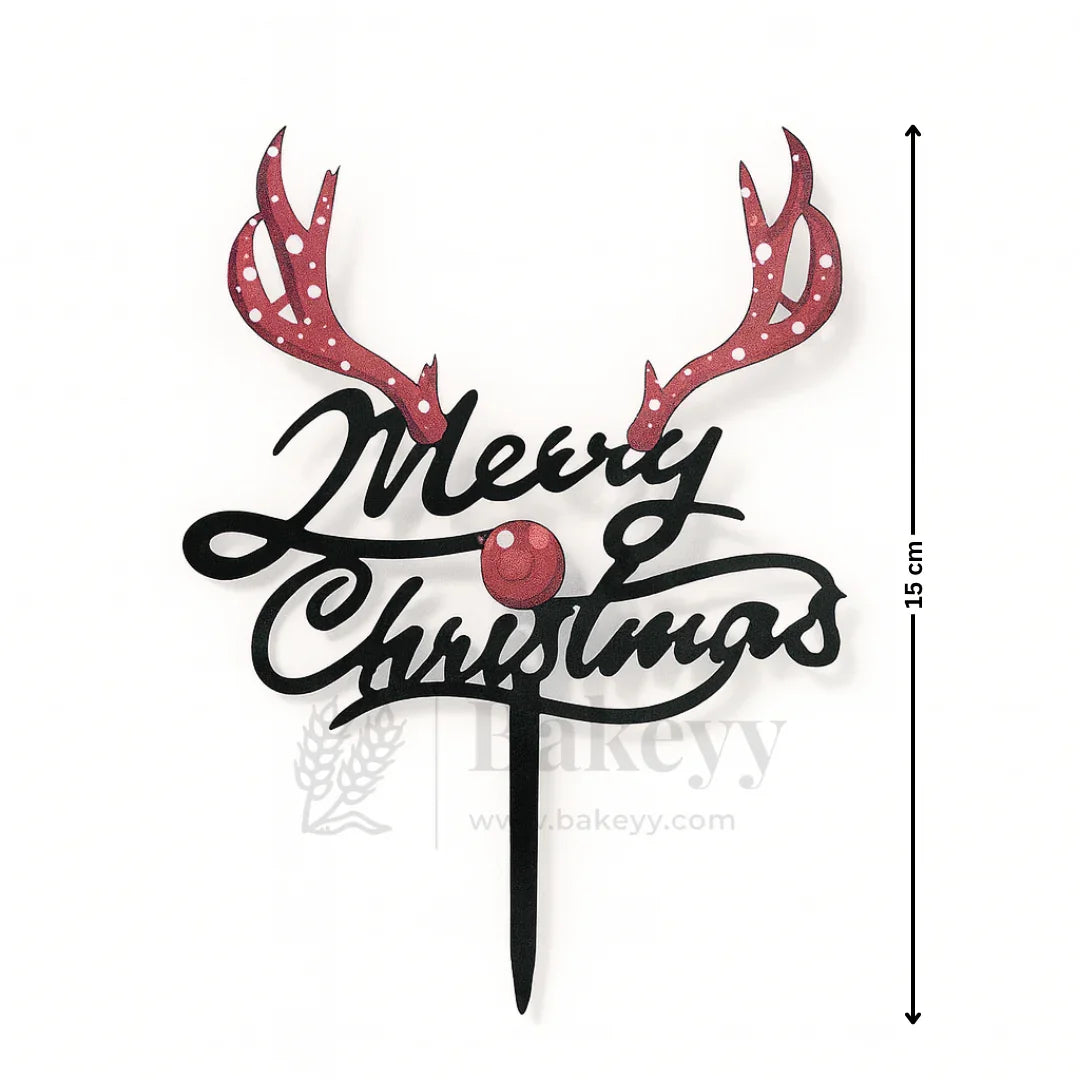 Merry Christmas with Reindeer Antler Design Cake Topper | Black Color | Christmas Decor | Pack of 5