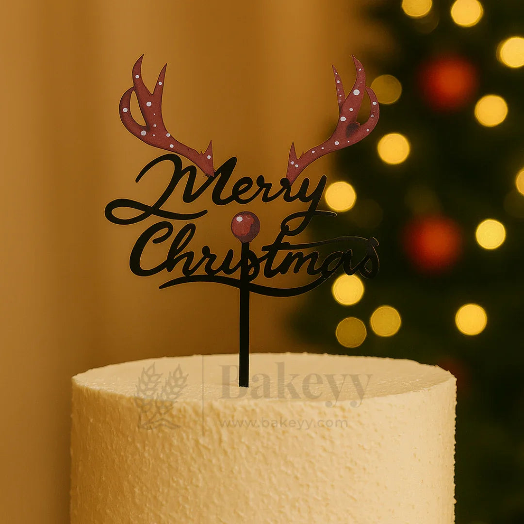 Merry Christmas with Reindeer Antler Design Cake Topper | Black Color | Christmas Decor | Pack of 5