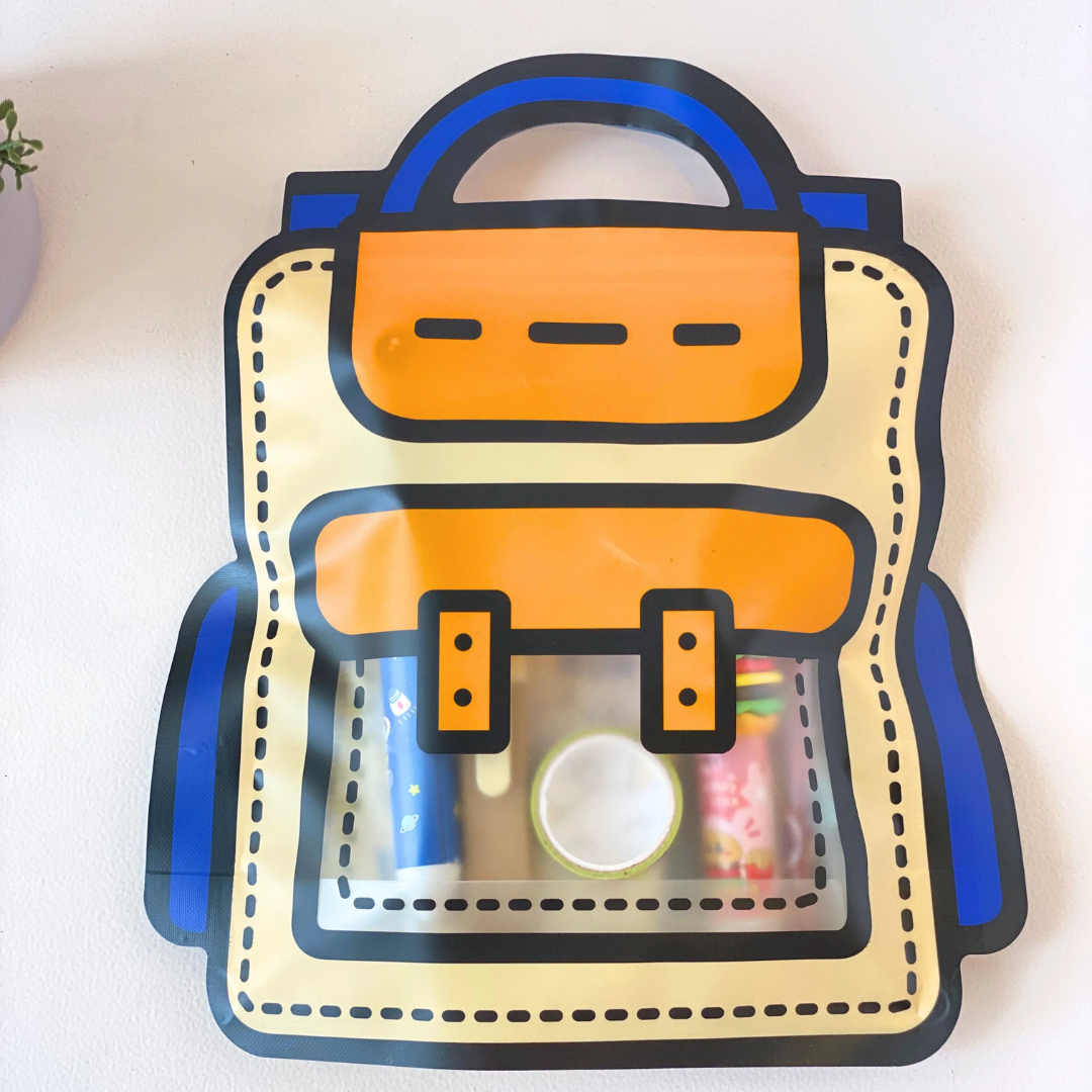 Cartoon Backpack Zip Lock Pouch | Orange | Treat Storge Bag for Birthday | Fancy Zip lock pouches | Pack of 50 (Copy)