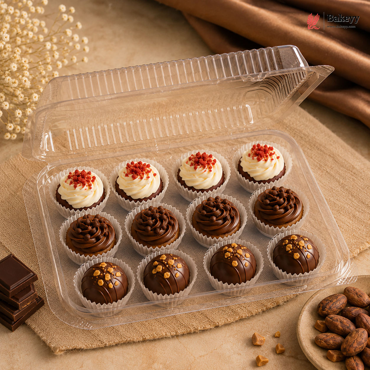 12 Cavity | Clear PET Chocolate Truffle Box with Hinged Lid | Pack of 25