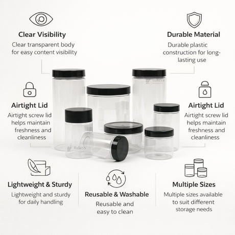 Clear Plastic Storage Jars with 53 mm Screw Lid | PET Jar With Black Lid | Multiple Sizes Available | Pack of 12