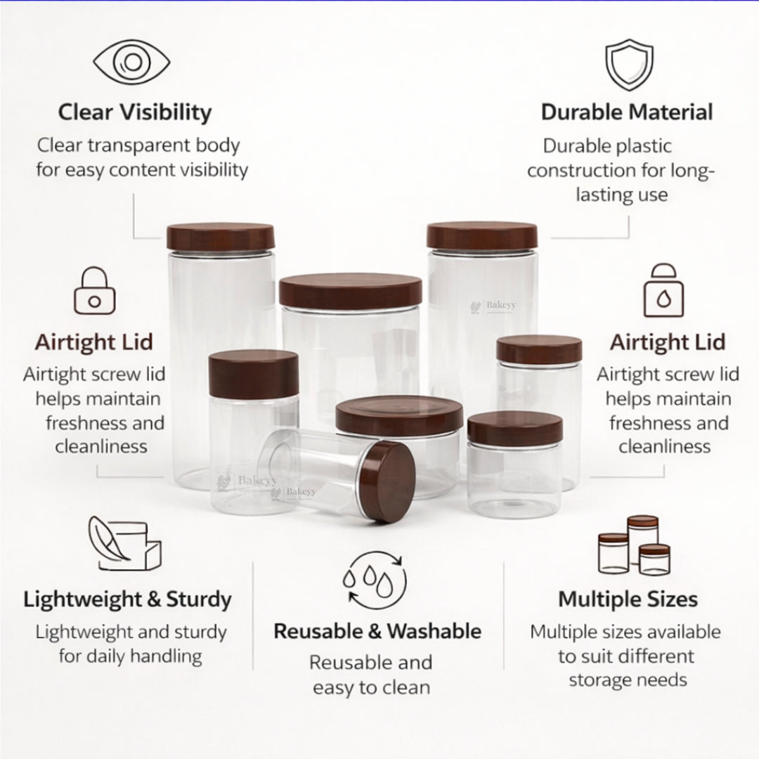 Clear Plastic Storage Jars with 83mm and 63mm Screw Lid | PET Jar With Brown Lid | Multiple Sizes Available | Pack of 12