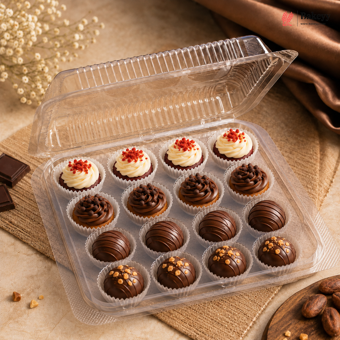 A clear plastic tray holding 12 assorted chocolate treats: four cream swirls topped with red crumbs, four plain milk-chocolate truffles, four dark-chocolate truffles, and four chocolate cupcakes with caramel and nuts. The tray is photographed on a beige fabric surface with decorative dried flowers, chocolate pieces, and draped fabric in the background.