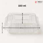 A clear plastic food storage container with a lid, shown on a light neutral background with overlaid dimension labels reading 150 ml, 10.5 cm, 8 cm, and 3.
