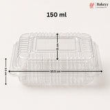 A clear plastic food storage container with a lid, shown on a light neutral background with overlaid dimension labels reading 150 ml, 10.5 cm, 8 cm, and 3.