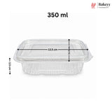 A clear plastic rectangular food storage container with a matching lid, shown on a white background with dimension lines and text indicating 350 ml capacity, 13.5 cm width, 11.