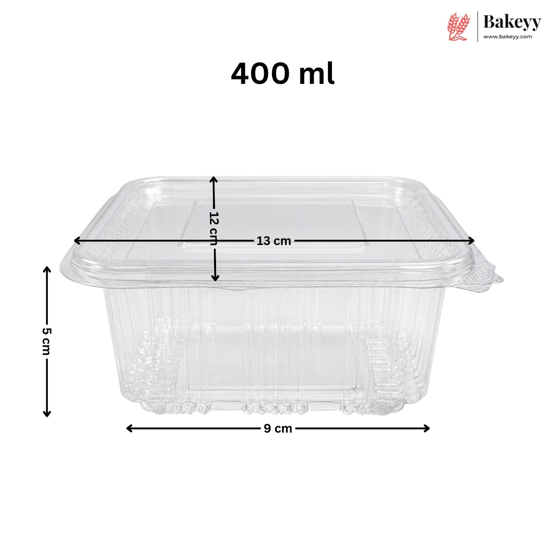Clear plastic food storage container with lid, shown with dimension lines and text indicating 400 ml capacity and measurements of 13 cm length, 9 cm width, and 5 cm height on a white background. Bakeyy logo appears in the top right.