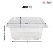 Clear plastic food storage container with lid, shown with dimension lines and text indicating 400 ml capacity and measurements of 13 cm length, 9 cm width, and 5 cm height on a white background. Bakeyy logo appears in the top right.