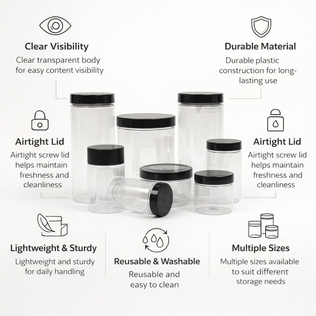 Clear Plastic Storage Jars with 83 mm Screw Lid | PET Jar With Black Lid | Multiple Sizes Available | Pack of 12