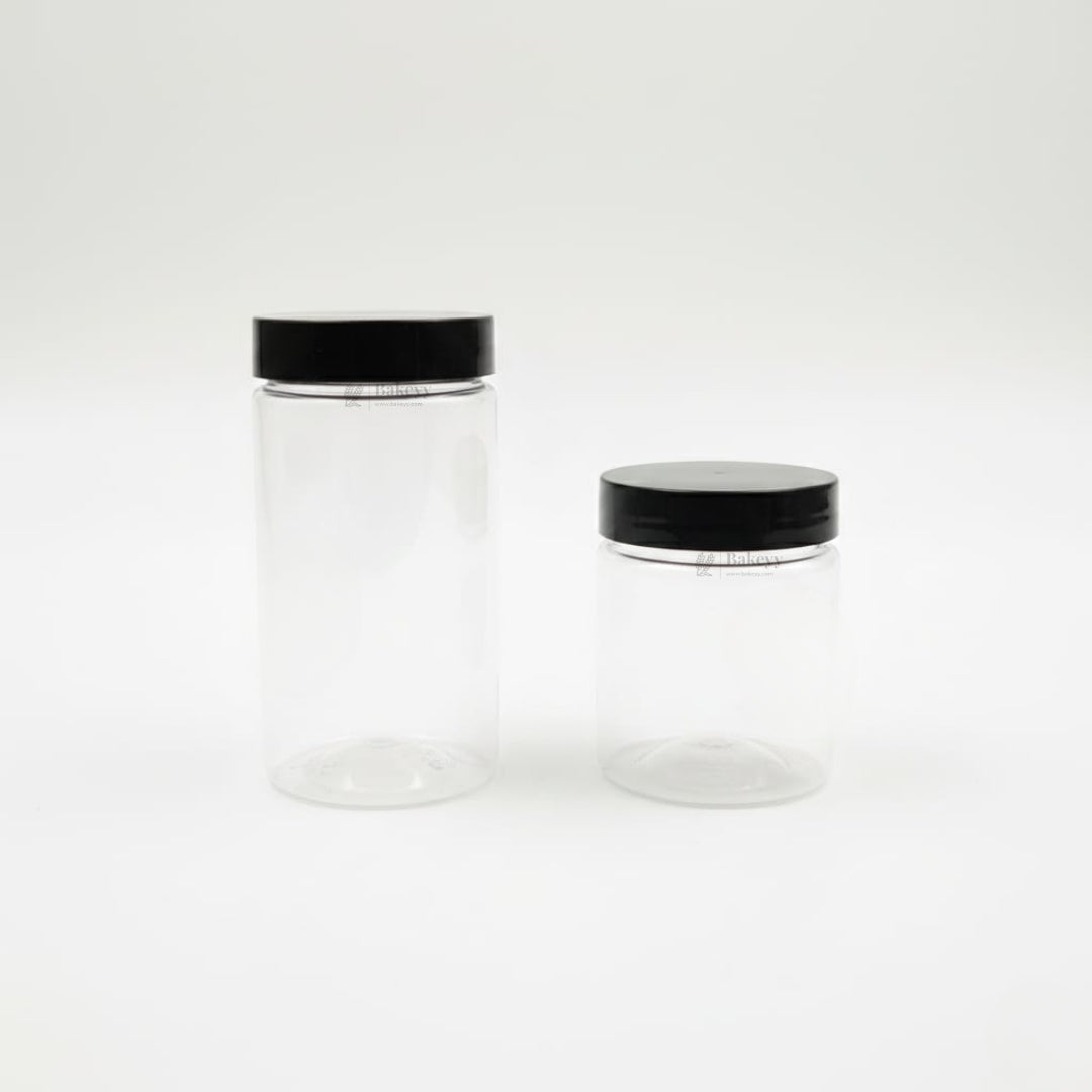 Clear Plastic Storage Jars with 53 mm Screw Lid | PET Jar With Black Lid | Multiple Sizes Available | Pack of 12