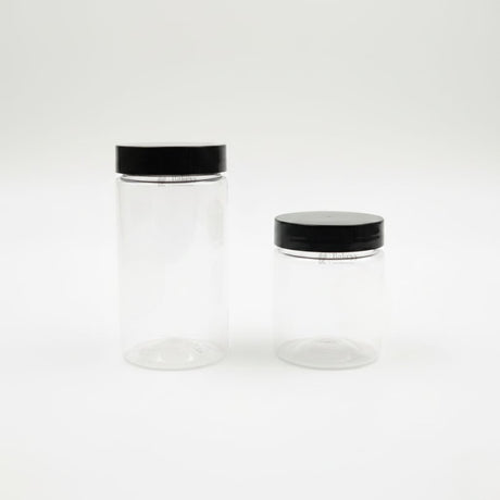 Clear Plastic Storage Jars with 53 mm Screw Lid | PET Jar With Black Lid | Multiple Sizes Available | Pack of 12