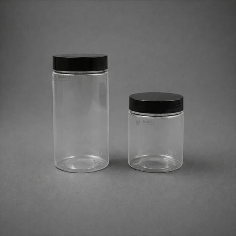 Clear Plastic Storage Jars with 53 mm Screw Lid | PET Jar With Black Lid | Multiple Sizes Available | Pack of 12 - Bakeyy.com - India - Clear Plastic Storage Jars with 53 mm Screw Lid | PET Jar With Black Lid | Multiple Sizes Available | Pack of 12 - 100ml 108.00