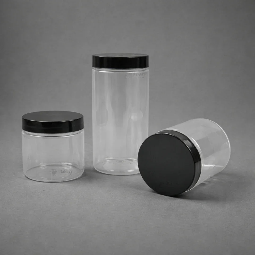 Clear Plastic Storage Jars with 83 mm Screw Lid | PET Jar With Black Lid | Multiple Sizes Available | Pack of 12
