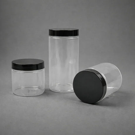 Clear Plastic Storage Jars with 83 mm Screw Lid | PET Jar With Black Lid | Multiple Sizes Available | Pack of 12 - Bakeyy.com - India - Clear Plastic Storage Jars with 83 mm Screw Lid | PET Jar With Black Lid | Multiple Sizes Available | Pack of 12 - 350ml 324.00