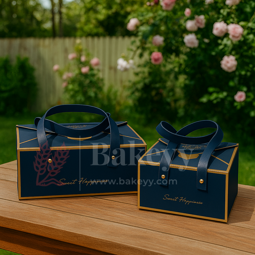 Luxury Navy Blue Foldable Gift Box with Leather Handles | Pack of 10