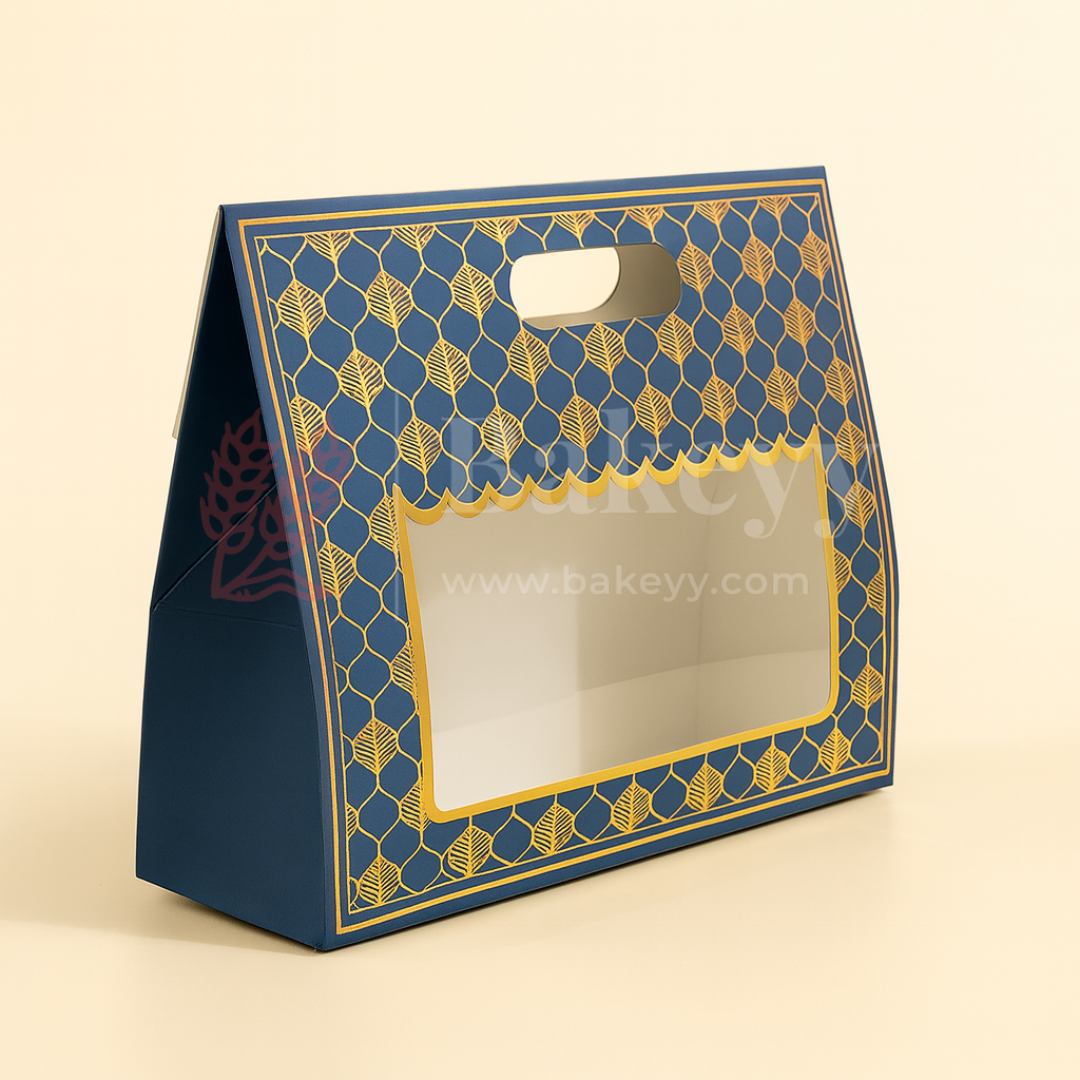 10x4x8 Inch | Royal Blue & Gold Window Gift Box with Handle | Luxury Festive Hamper Packaging | Pack of 1