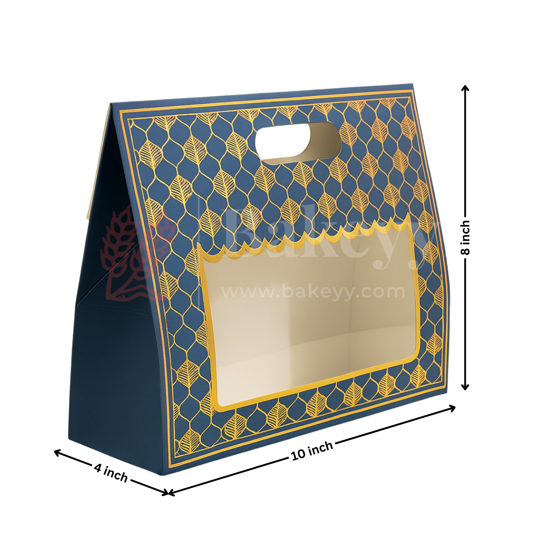 10x4x8 Inch | Royal Blue & Gold Window Gift Box with Handle | Luxury Festive Hamper Packaging | Pack of 1