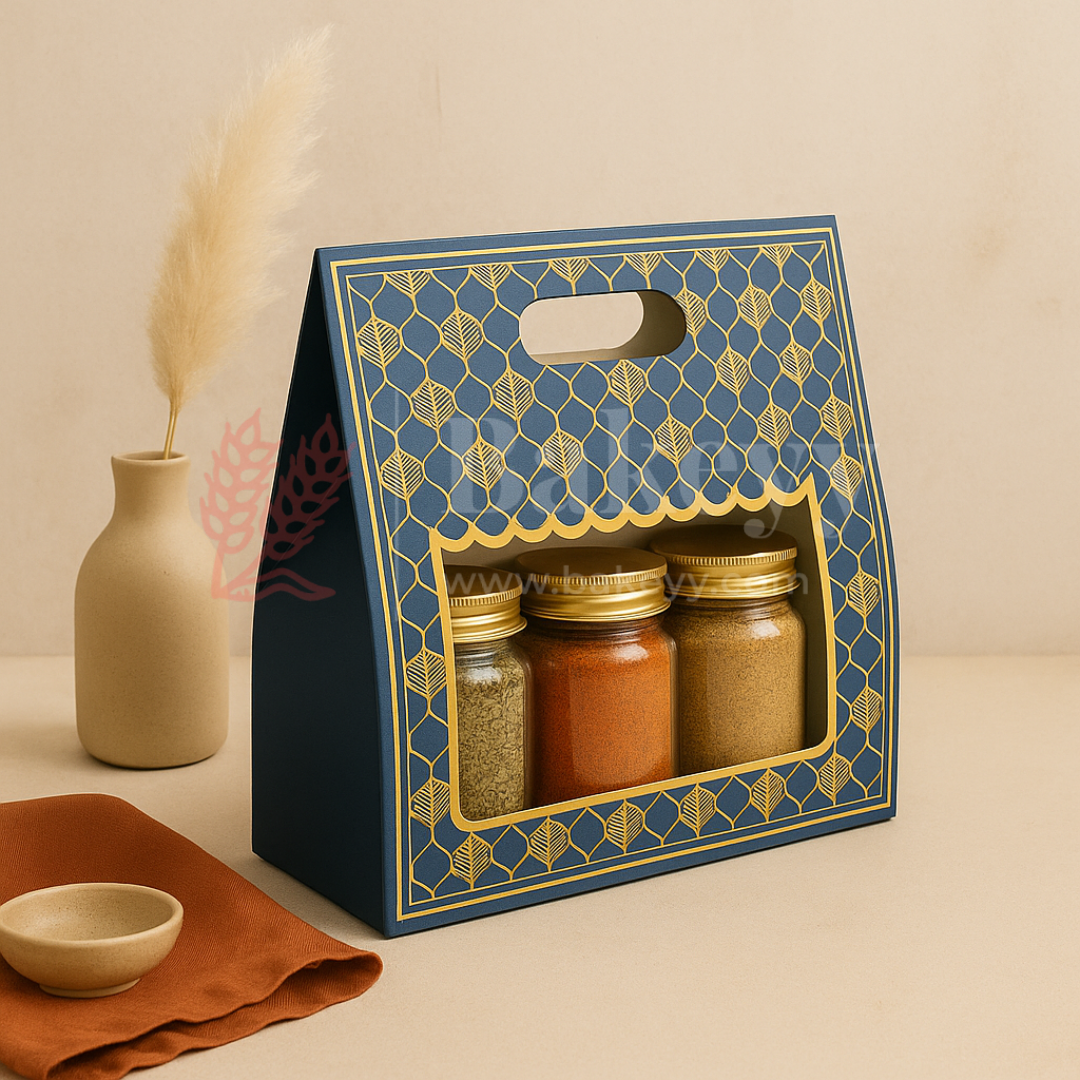 10x4x8 Inch | Royal Blue & Gold Window Gift Box with Handle | Luxury Festive Hamper Packaging | Pack of 1