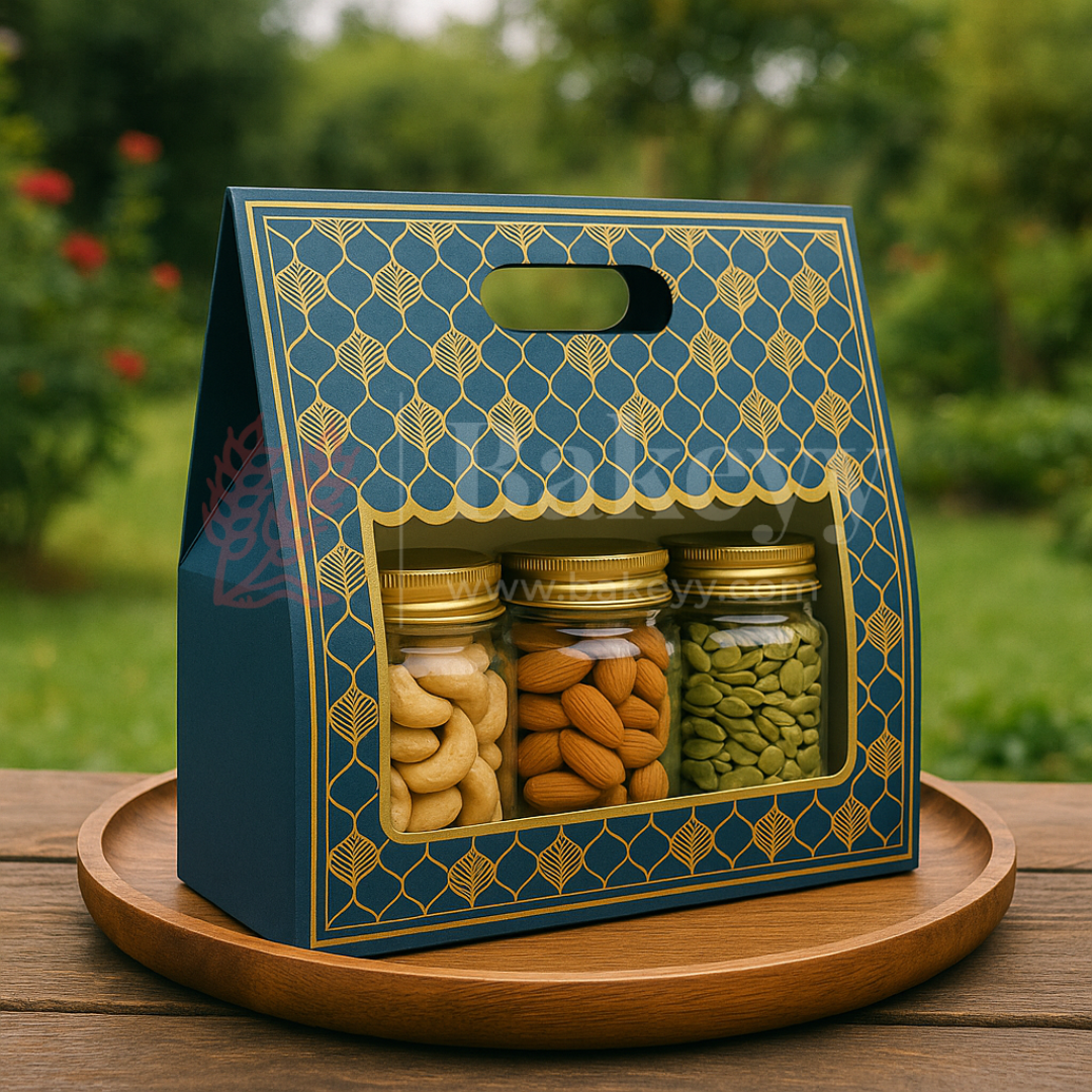 10x4x8 Inch | Royal Blue & Gold Window Gift Box with Handle | Luxury Festive Hamper Packaging | Pack of 1