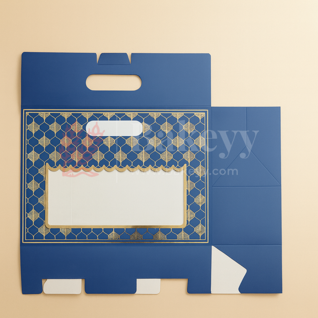 10x4x8 Inch | Royal Blue & Gold Window Gift Box with Handle | Luxury Festive Hamper Packaging | Pack of 1
