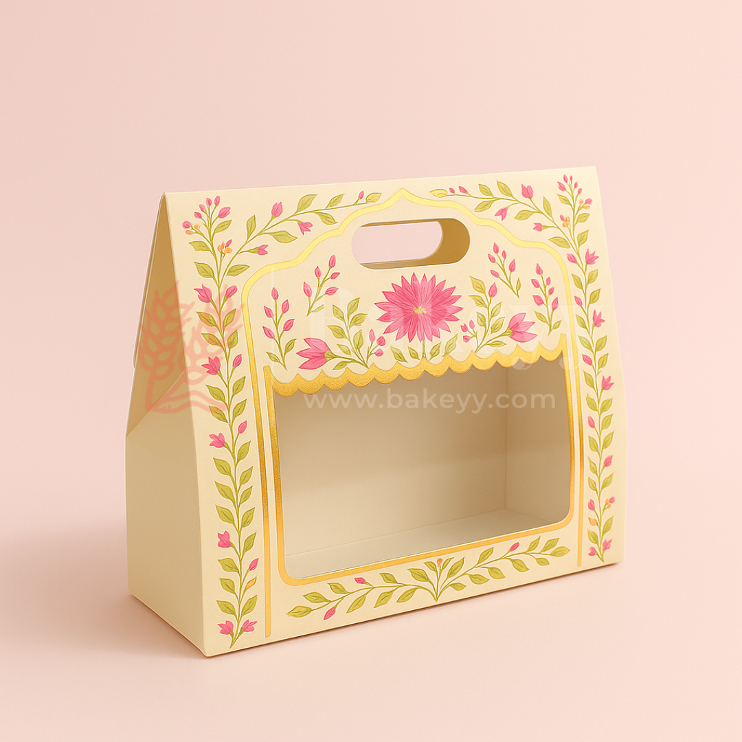 10x4x8 Inch | Pink Floral Window Gift Box with Handle | Luxury Festive Hamper Packaging | Pack of 1