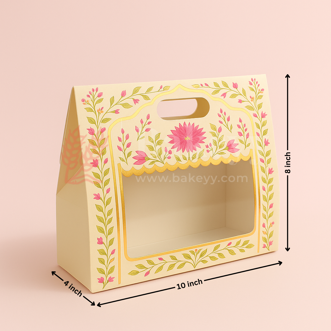 10x4x8 Inch | Pink Floral Window Gift Box with Handle | Luxury Festive Hamper Packaging | Pack of 1