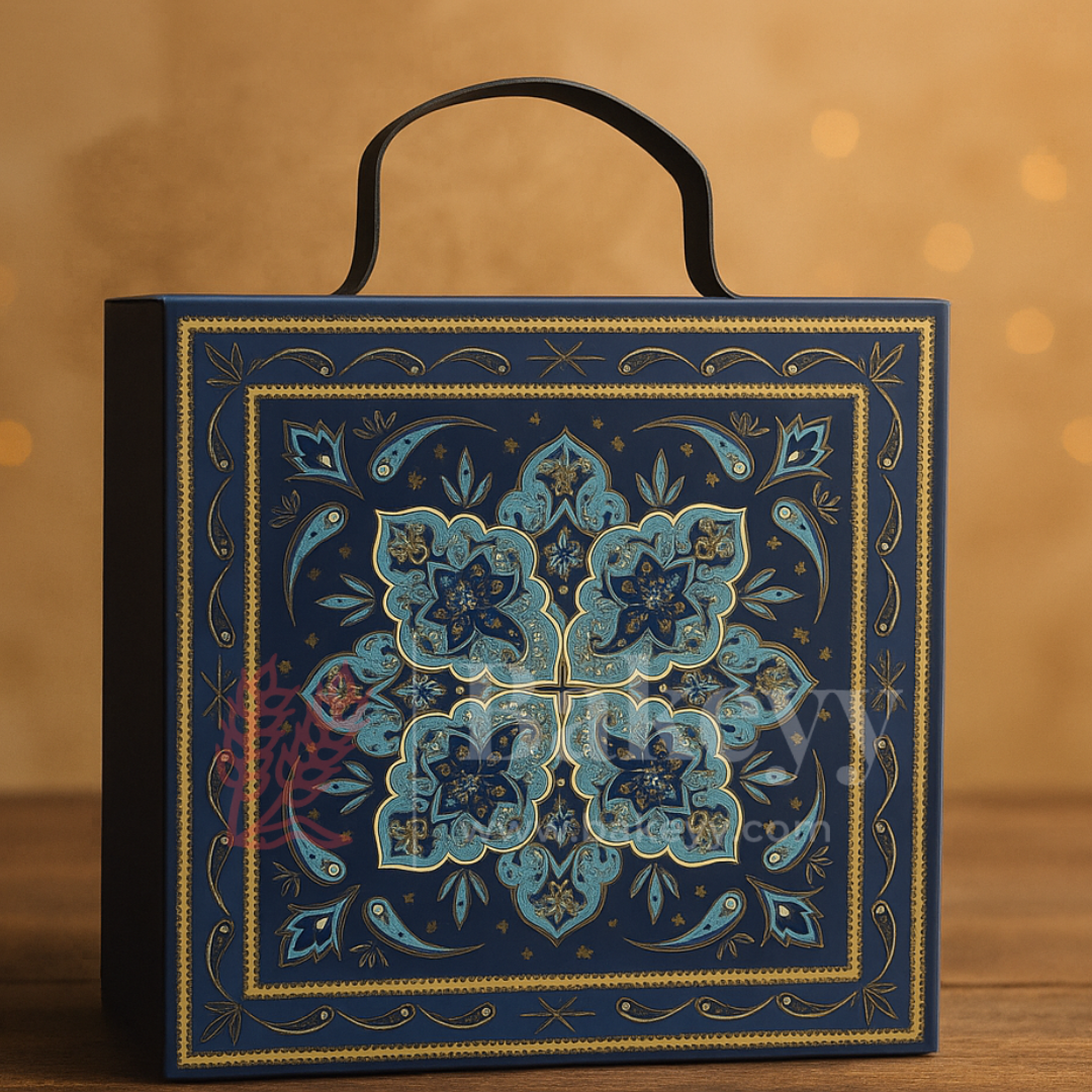 8x8x4 Inch | Royal Blue Persian Design Hamper Box with Leather Handle | Pack of 1