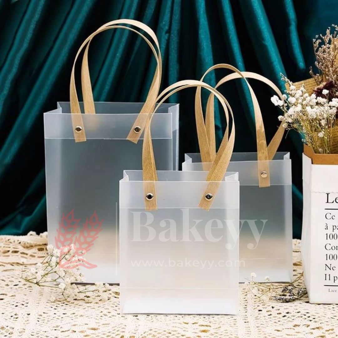 Square Frosted Matte Gift Bag with Wood-Textured Handles | Translucent PVC Party Favor & Retail Packaging | Pack Of 12