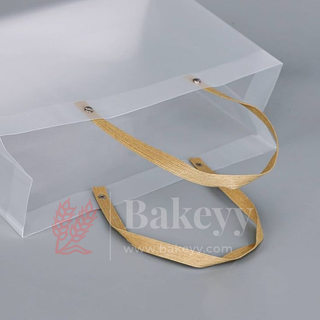 Square Frosted Matte Gift Bag with Wood-Textured Handles | Translucent PVC Party Favor & Retail Packaging | Pack Of 12
