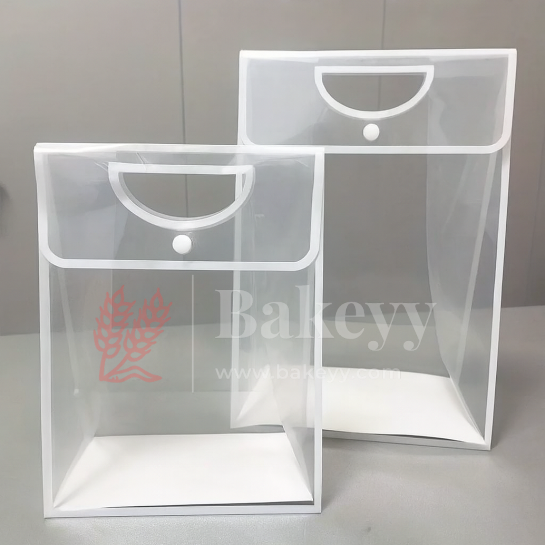 Transparent Gift Bag with Button Lock - White | Oval‑Cut Handle | Pack Of 12