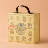 8x8x4 Inch | Yellow Peacock Design Hamper Box with Leather Handle | Pack of 1