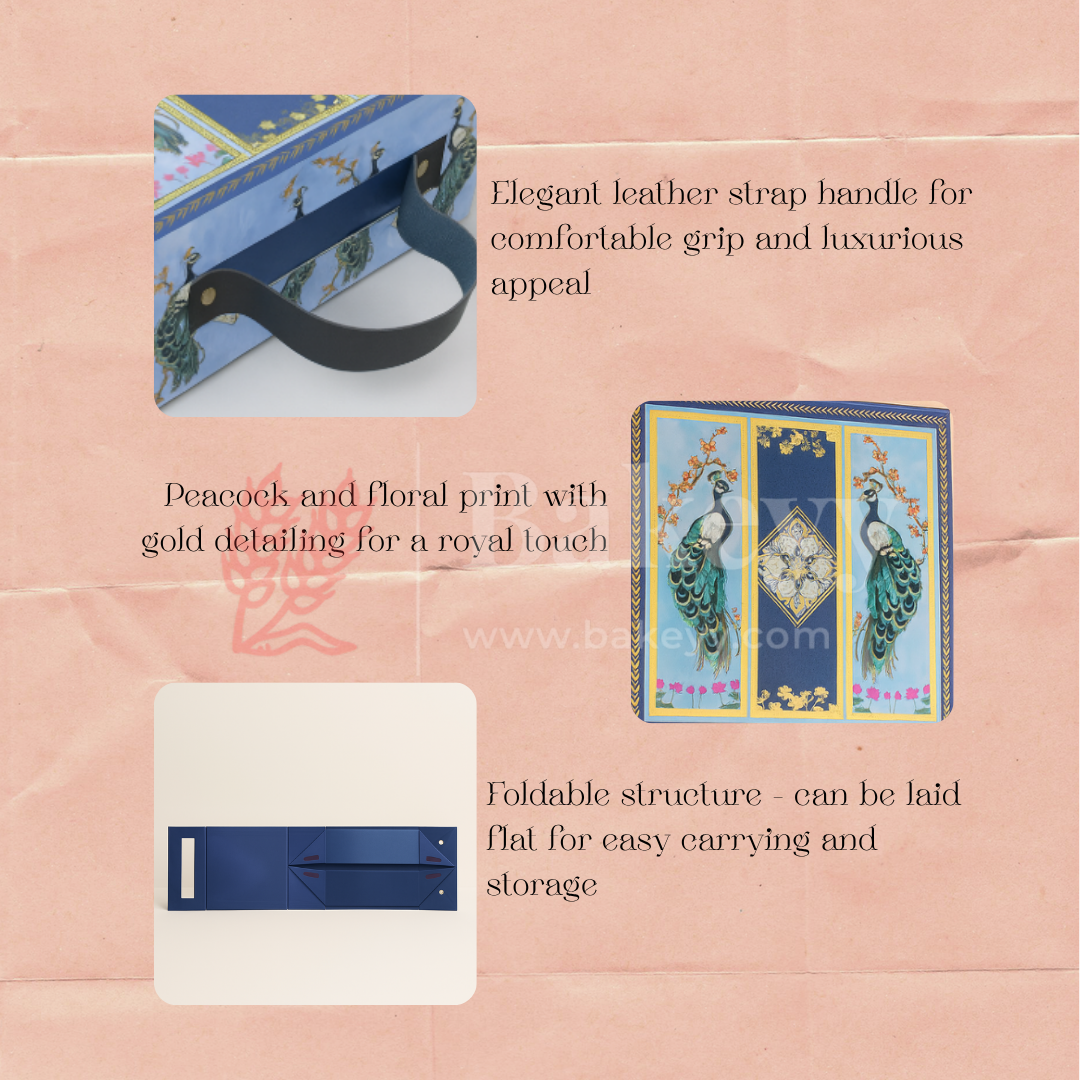 8x8x4 Inch | Royal Blue Peacock Design Hamper Box with Leather Handle | Pack of 1