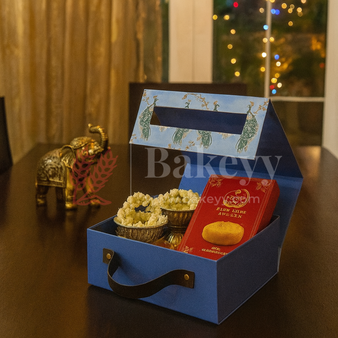 8x8x4 Inch | Royal Blue Peacock Design Hamper Box with Leather Handle | Pack of 1