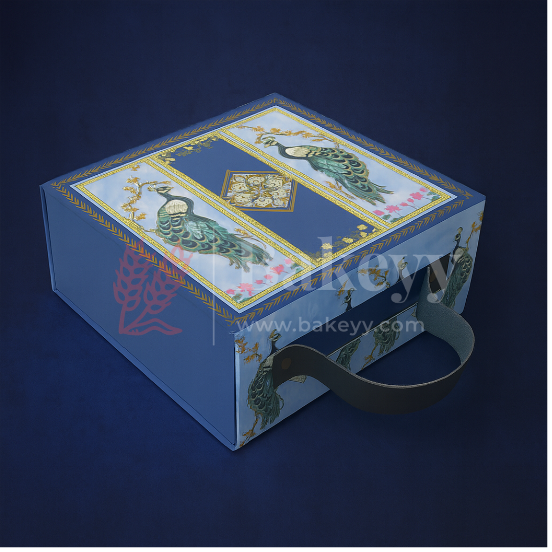 8x8x4 Inch | Royal Blue Peacock Design Hamper Box with Leather Handle | Pack of 1