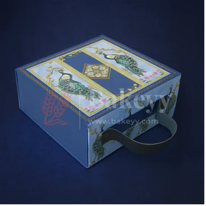 8x8x4 Inch | Royal Blue Peacock Design Hamper Box with Leather Handle | Pack of 1 - Bakeyy.com - India - 8x8x4 Inch | Royal Blue Peacock Design Hamper Box with Leather Handle | Pack of 1 - Default Title