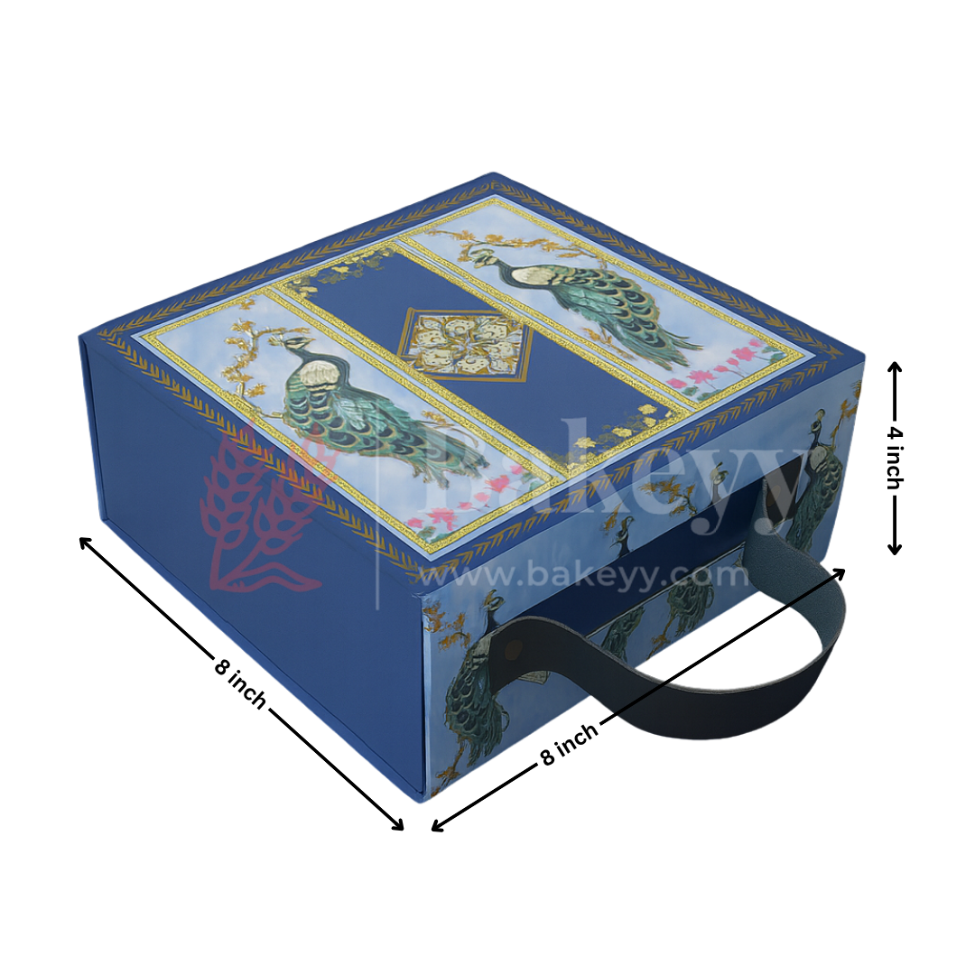 8x8x4 Inch | Royal Blue Peacock Design Hamper Box with Leather Handle | Pack of 1