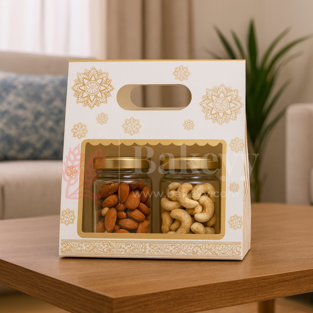 19 × 9 × 20 Cm | Elegant White and Gold Floral Window Gift Box with Handle | Luxury Festive Hamper Packaging | Pack of 10