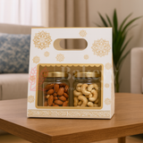 19 × 9 × 20 Cm | Elegant White and Gold Floral Window Gift Box with Handle | Luxury Festive Hamper Packaging | Pack of 10