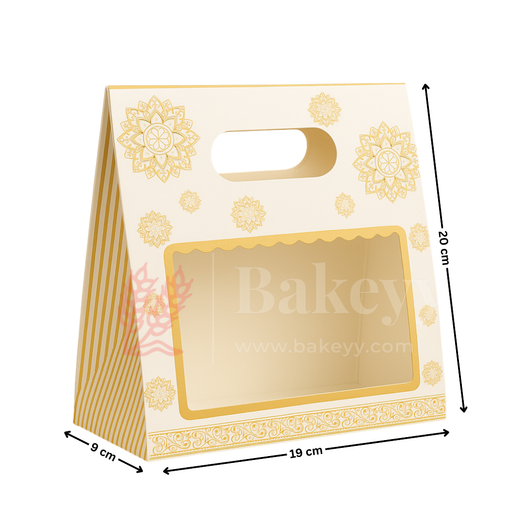 19 × 9 × 20 Cm | Elegant White and Gold Floral Window Gift Box with Handle | Luxury Festive Hamper Packaging | Pack of 10