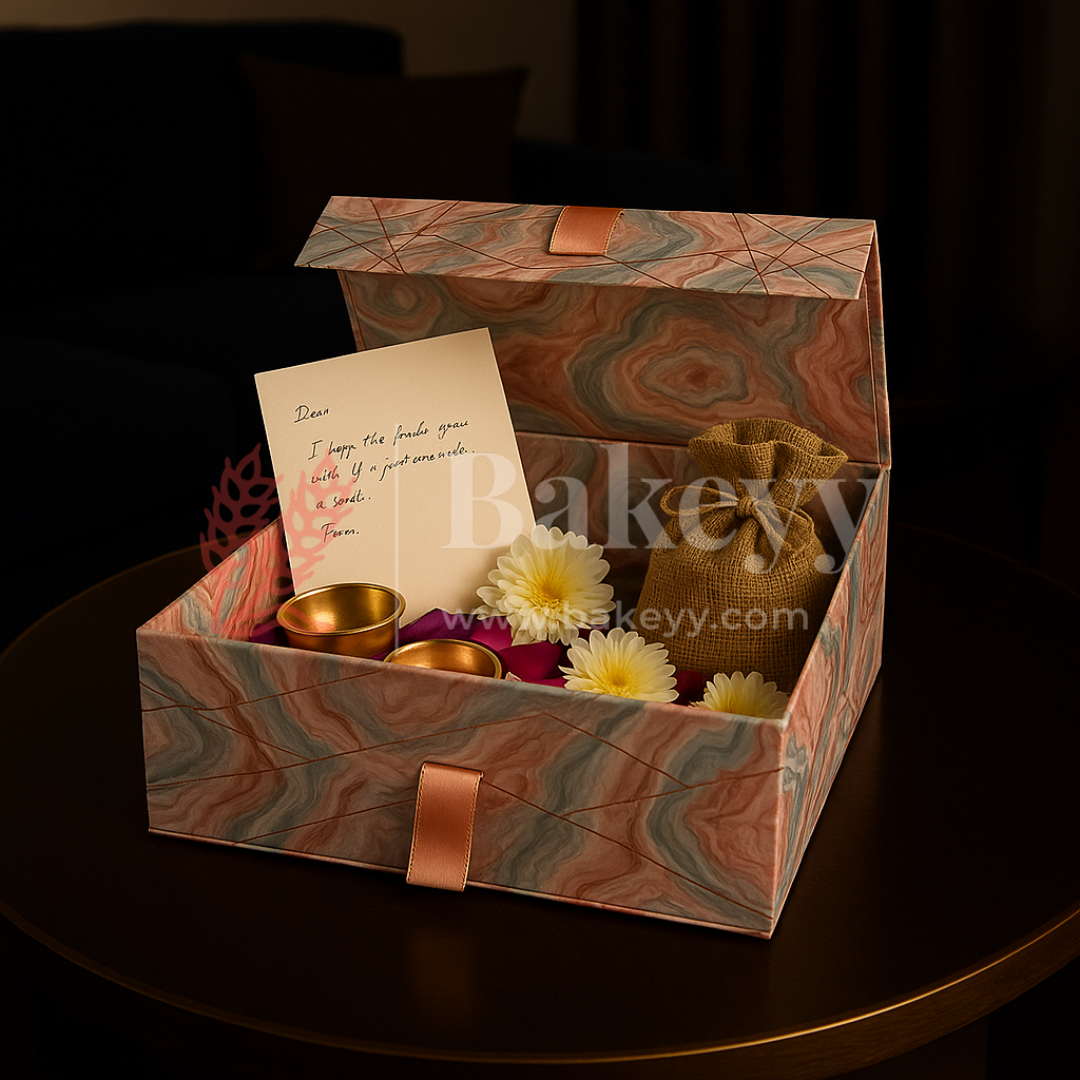 10x8x4 Inch | Peach & Aqua Marble Print Collapsible Gift Box with Ribbon | Pack of 1