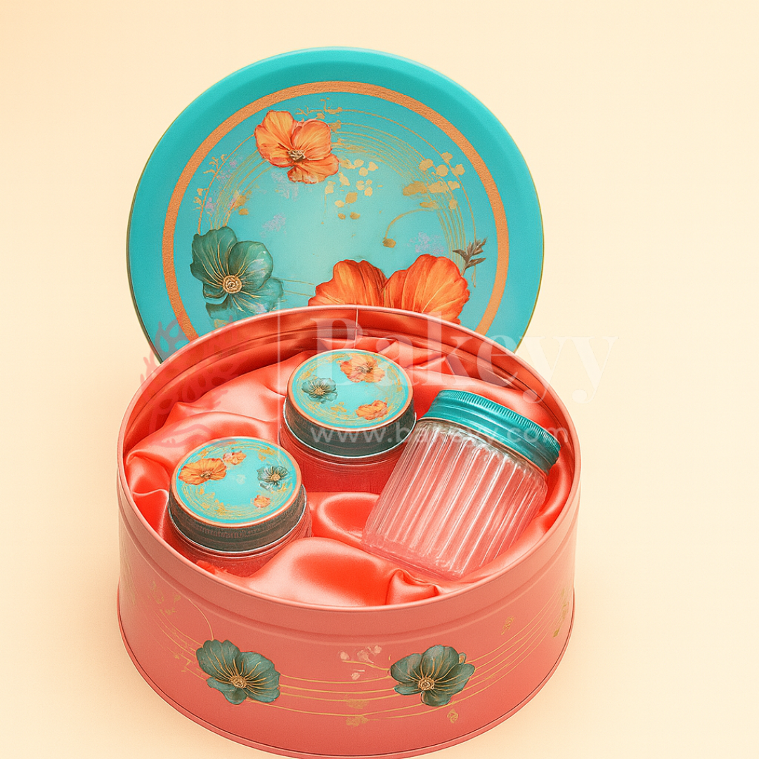 Peach & Aqua Floral Metal Tin Box with 3 Acrylic Jars | Pack of 1