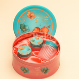 Peach & Aqua Floral Metal Tin Box with 3 Acrylic Jars | Pack of 1