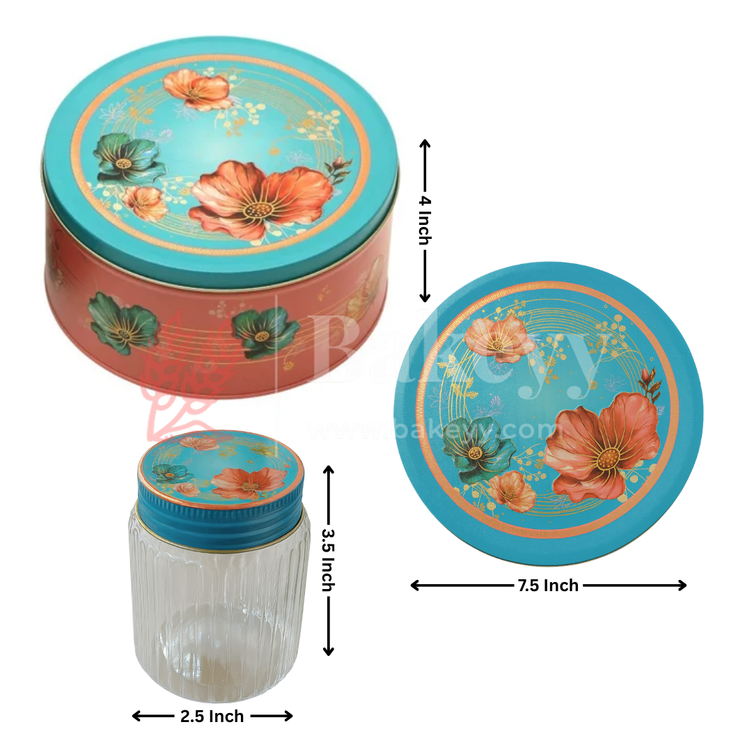 Peach & Aqua Floral Metal Tin Box with 3 Acrylic Jars | Pack of 1