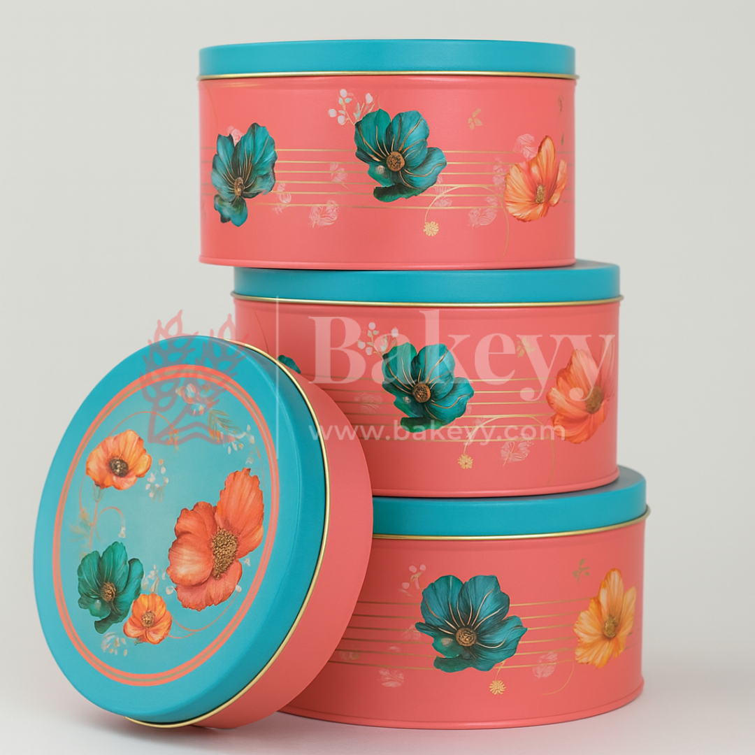 Peach & Aqua Floral Metal Tin Box with 3 Acrylic Jars | Pack of 1