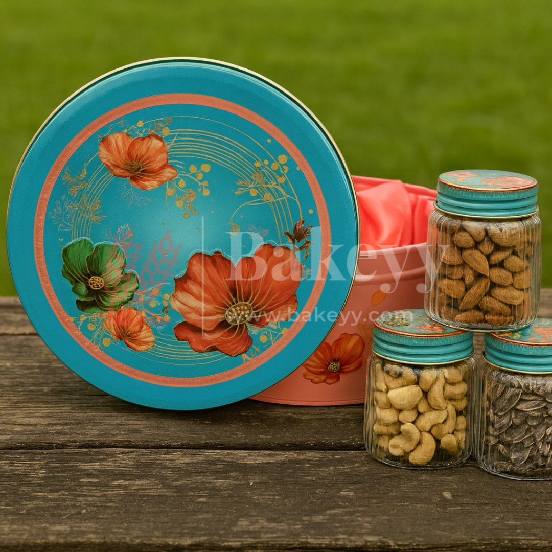 Peach & Aqua Floral Metal Tin Box with 3 Acrylic Jars | Pack of 1
