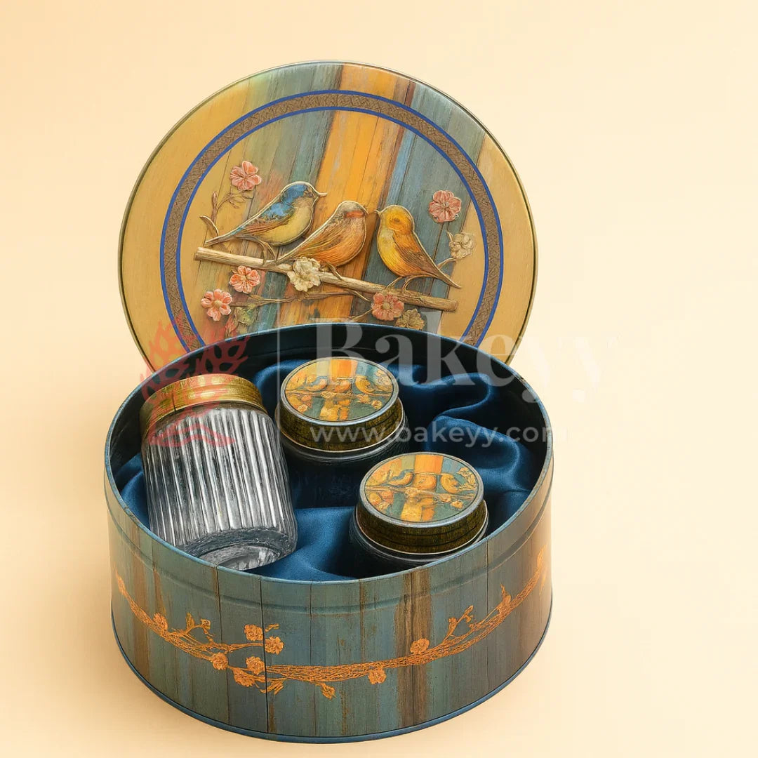 Vintage Bird & Floral Metal Tin Box with 3 Acrylic Jars | Pack of 1 - Bakeyy.com - India - Vintage Bird & Floral Metal Tin Box with 3 Acrylic Jars | Pack of 1 - Default Title