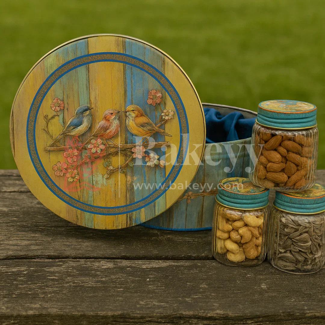 Vintage Bird & Floral Metal Tin Box with 3 Acrylic Jars | Pack of 1 - Bakeyy.com - India - Vintage Bird & Floral Metal Tin Box with 3 Acrylic Jars | Pack of 1 - Default Title